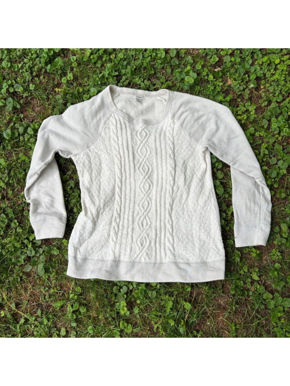 L.L.Bean Womens Cable Knit Sweatshirt Large Cream Textured Pullover Cottagecore